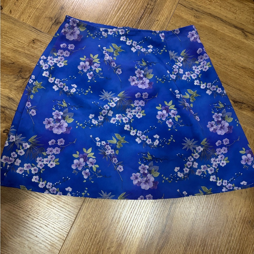 Vibrant Blue Floral A-Line Skirt with Purple Blossom Print